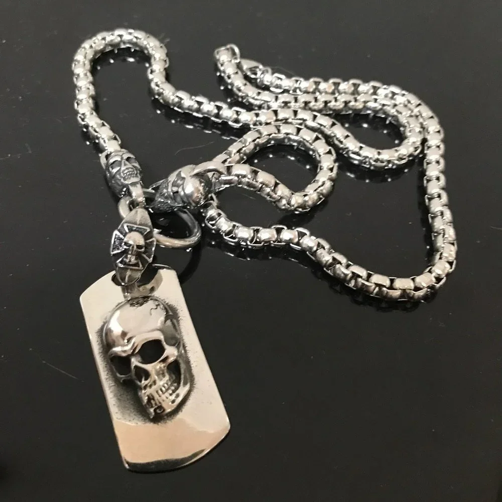 Skull Necklace Pendant Chain Biker Silver Rock Mans Moto Gothic Motorcycle - Picture 3 of 7